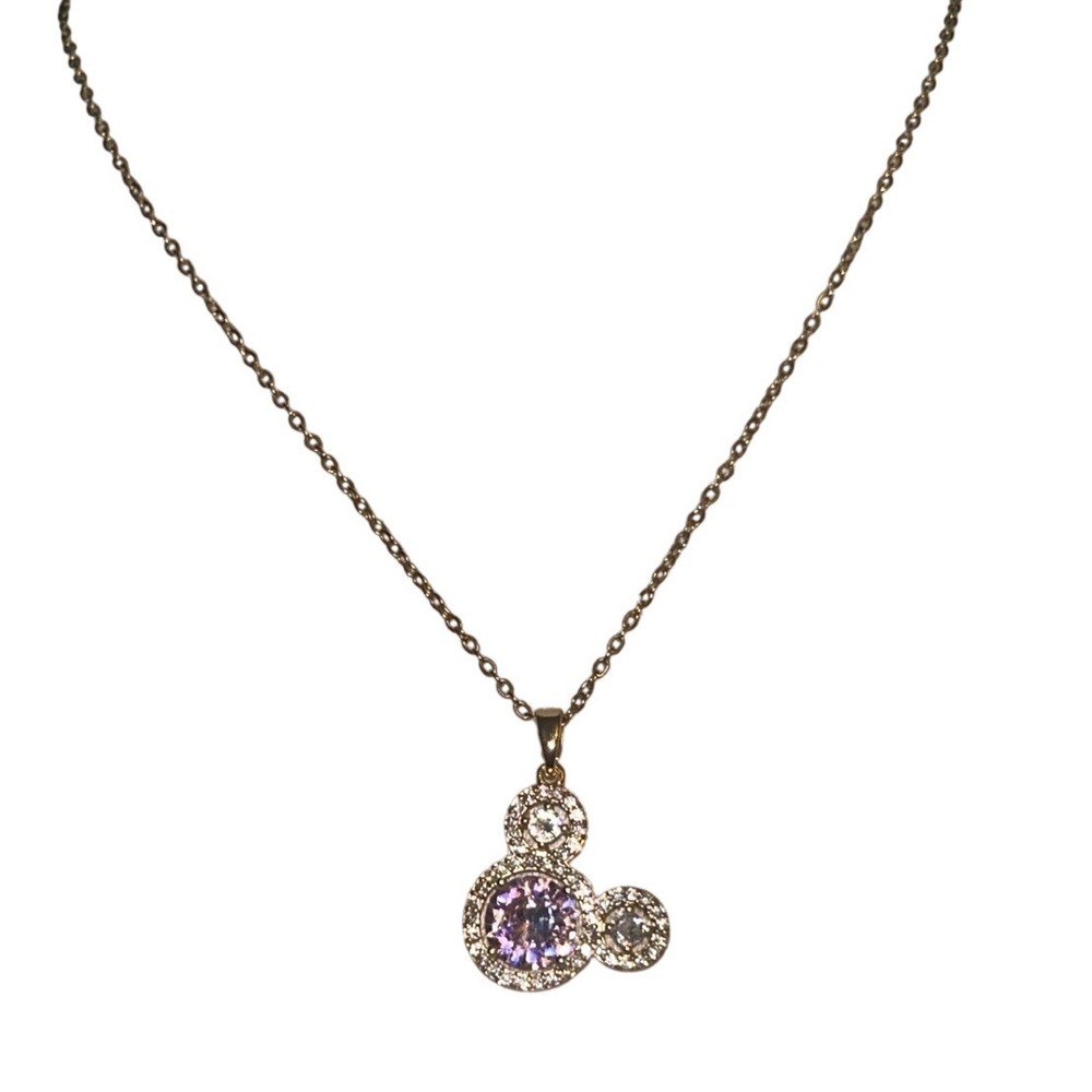 Minnie Mouse Inspired Pink Crystal Halo Necklace Gold Tone S. Steel Disney
